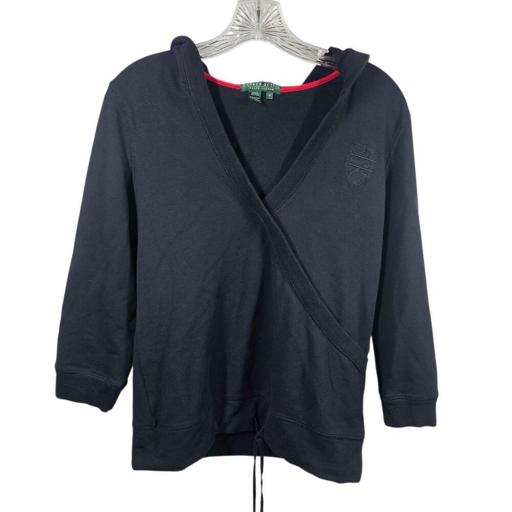 RALPH LAUREN ACTIVE LRL Black Stretch Hoodie with Faux Wrap and Drawstring Sz M